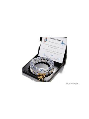 Butterfly Charm Porcelain Beaded Stretch Bracelet Set - Handmade Dainty